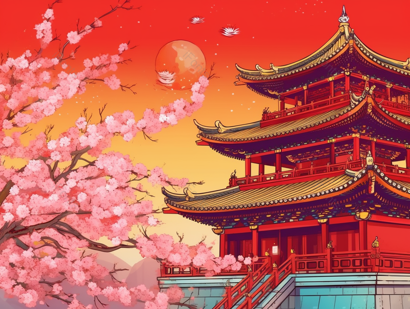 国风西湖景色柳树粉色的桃花梅花樱花花朵飞舞古风建筑宫殿背景插画,插画/手绘图,插画/手绘图库,插画/手绘图下载,插画/手绘